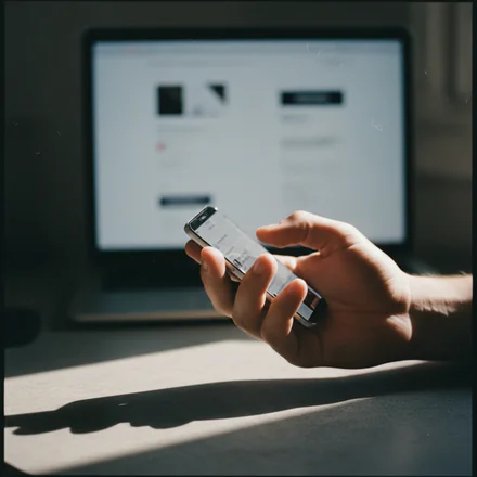 O mână care acoperă parțial un ecran de telefon ce afișează un feed de social media, în timp ce în fundal se observă elemente neclare ale unui website, simbolizând dependența riscantă de social media și controlul limitat.